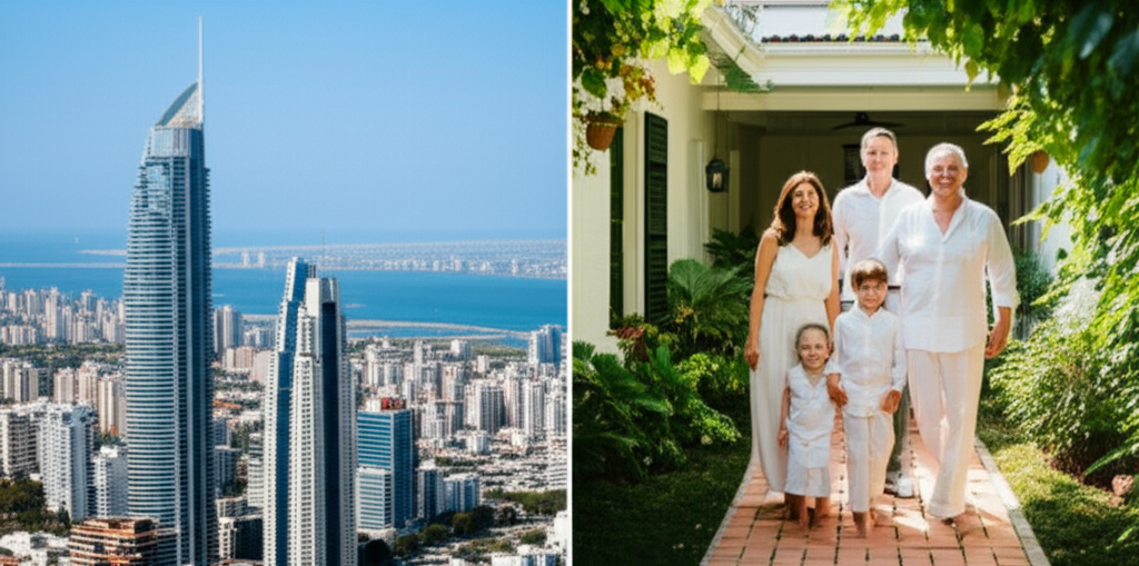 Split-scene comparison between Gulf luxury living and Argentine neighborhood life